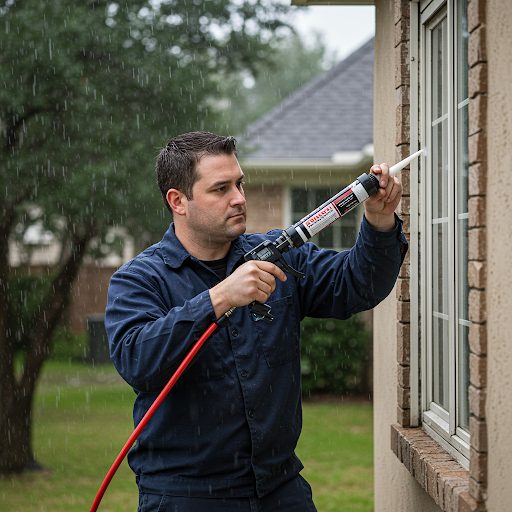 Technician sealing a leaking window frame during rainproofing service on a Houston home.